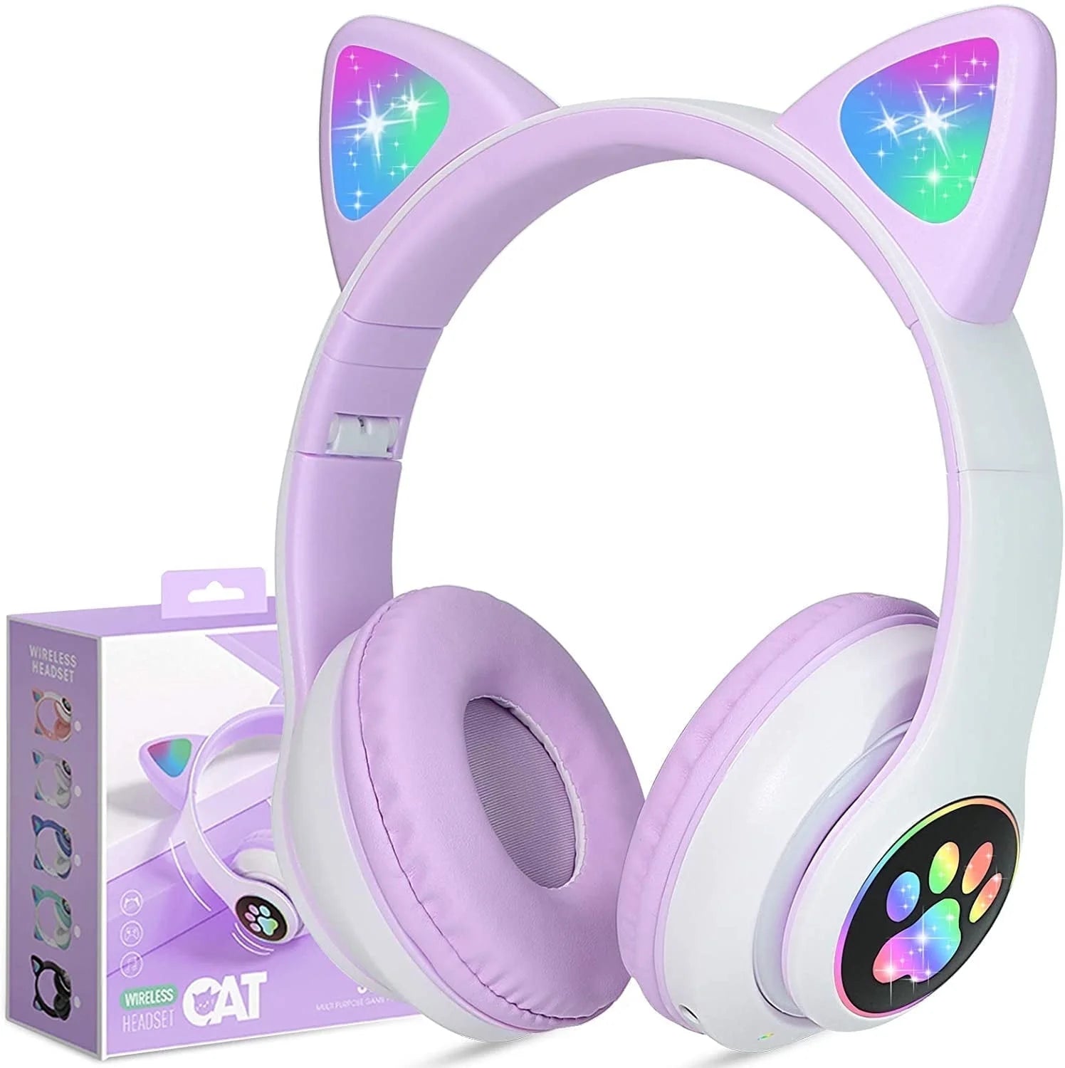 Kids Wireless Headphones Cat Ear LED Light up Bluetooth Foldable Headphones over Ear W/Microphone for Online Distant Learning (Pink)